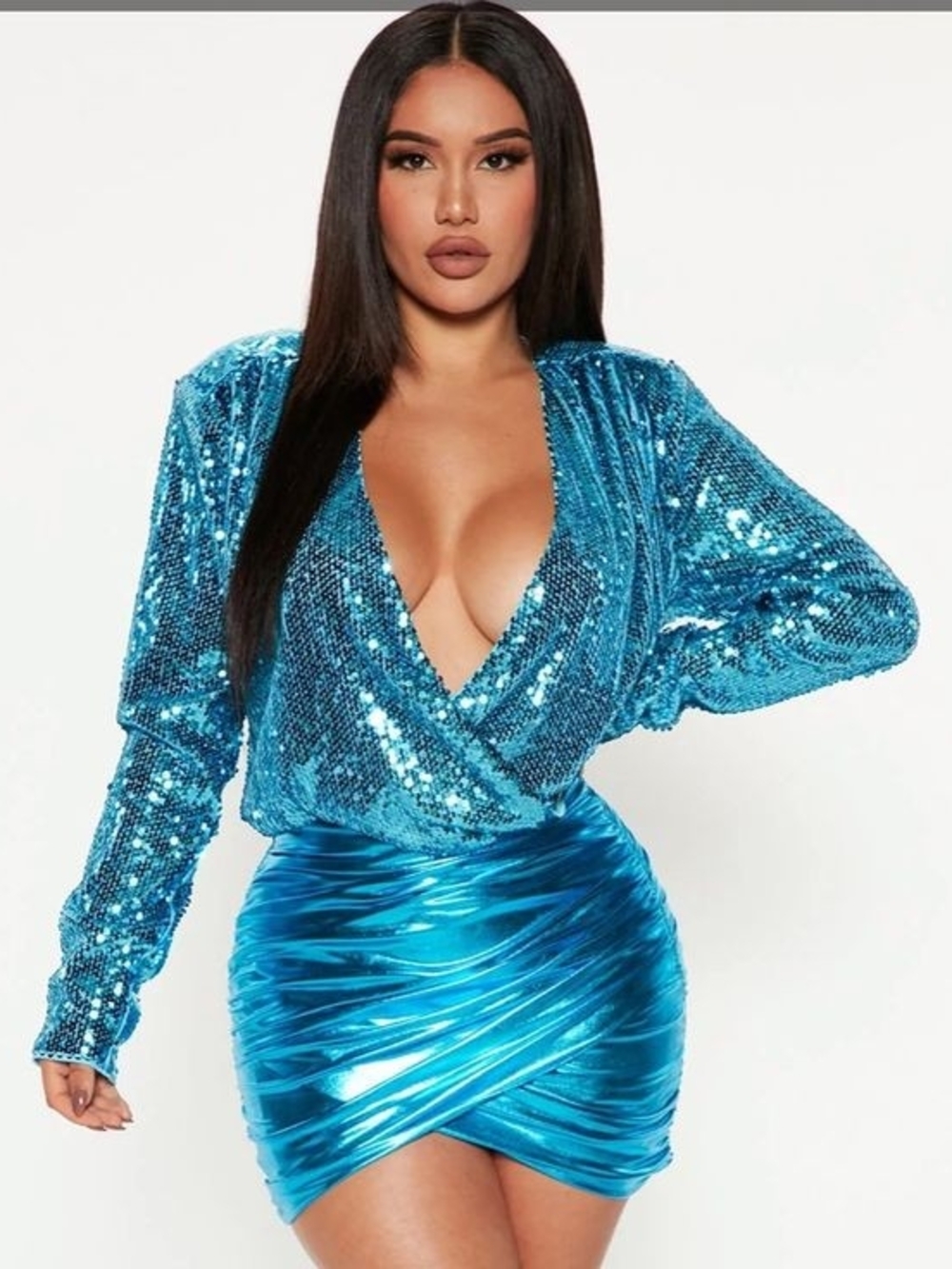Fashion Nova Shimmer Teal Blue Sequin Wrap Top XL